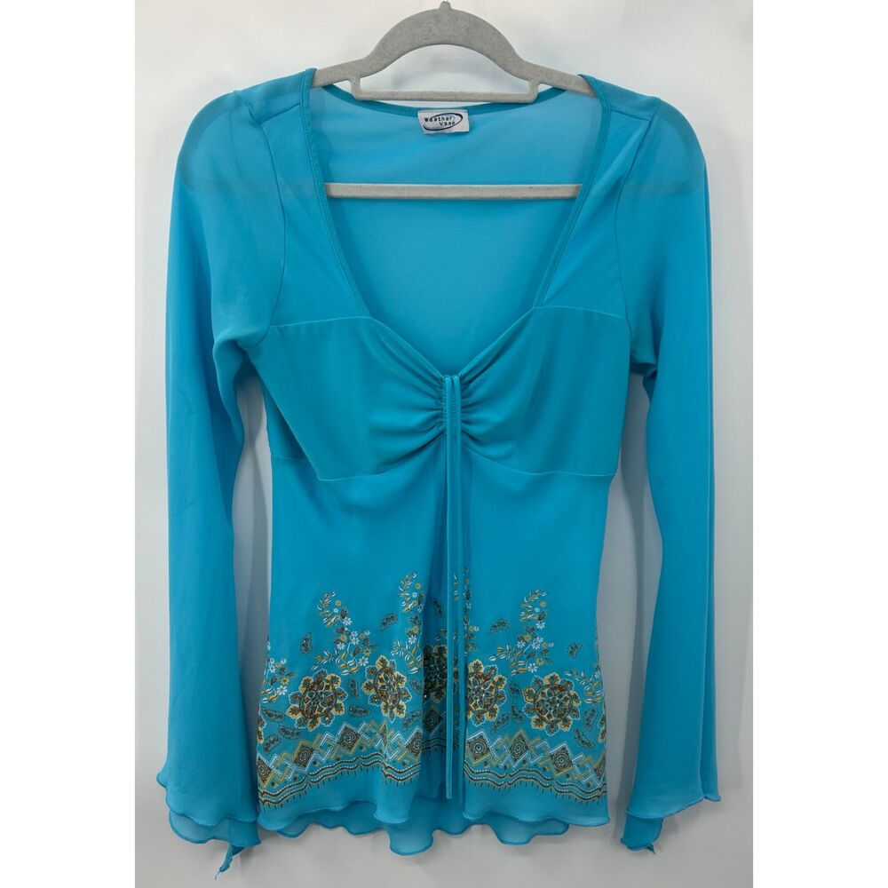 Y2K Blue Sheer Layered Babydoll Blouse Floral Boho Whimsigoth Bell Sleeve Top L